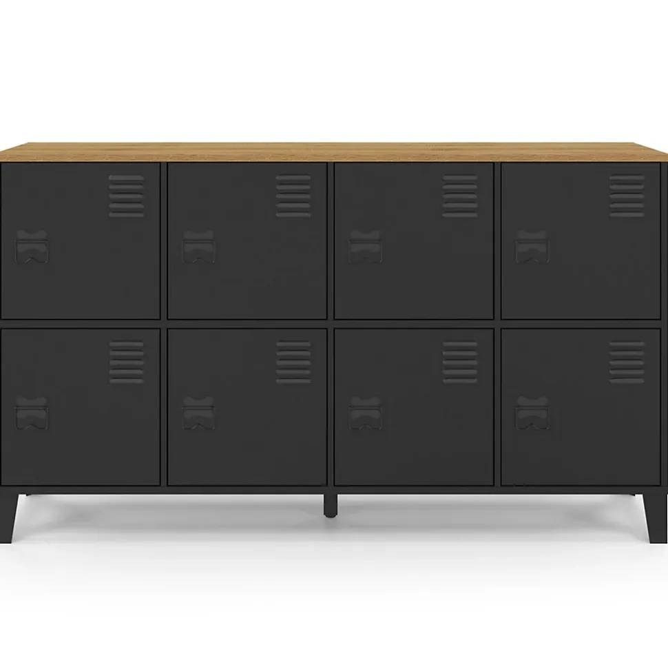 Buffet casier 139 cm ESTER 8 portes en métal noir plateau bois design industriel
