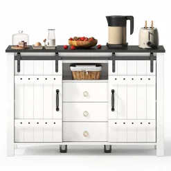 Buffet 120cm blanc rustique, portes coulissantes + 3 tiroirs, bar à café - Cuisine/salon