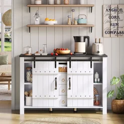Buffet 120cm blanc rustique, portes coulissantes + 3 tiroirs, bar à café - Cuisine/salon