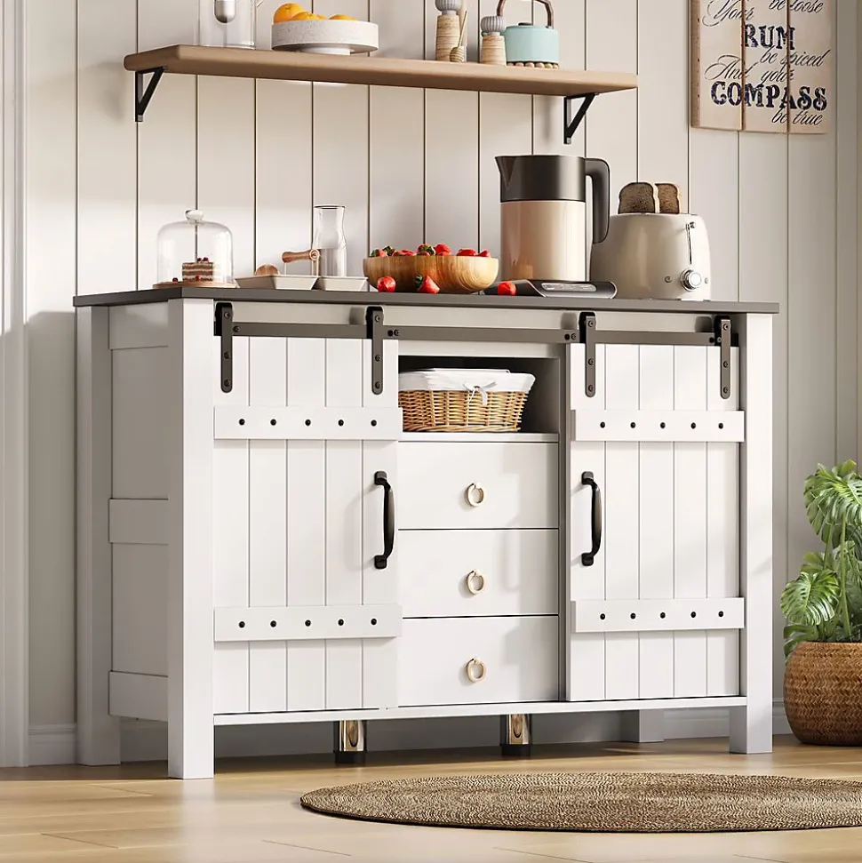 Buffet 120cm blanc rustique, portes coulissantes + 3 tiroirs, bar à café - Cuisine/salon