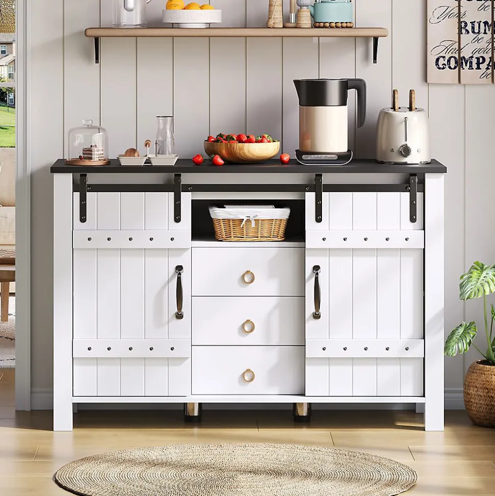 Buffet 120cm blanc rustique, portes coulissantes + 3 tiroirs, bar à café - Cuisine/salon