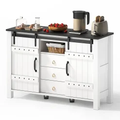 Buffet 120cm blanc rustique, portes coulissantes + 3 tiroirs, bar à café - Cuisine/salon