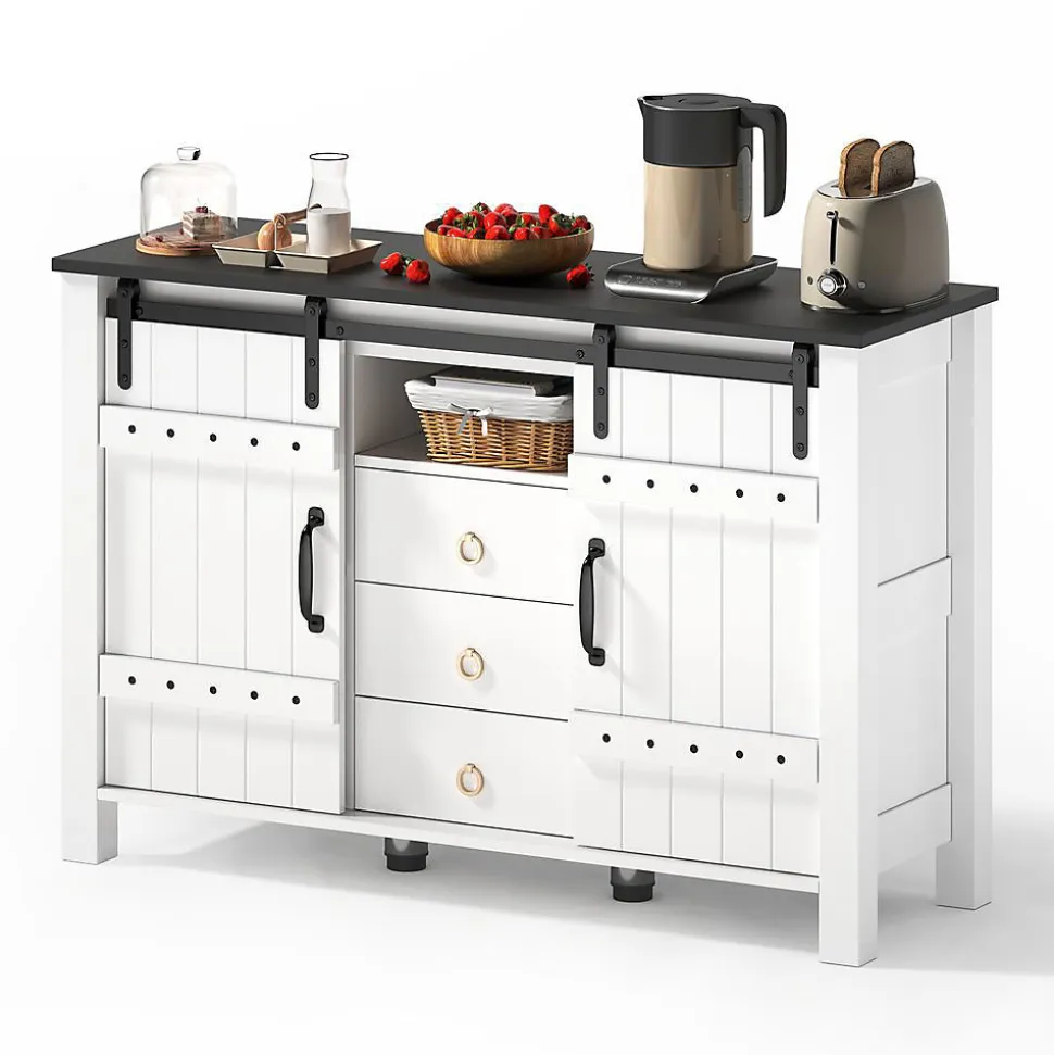 Buffet 120cm blanc rustique, portes coulissantes + 3 tiroirs, bar à café - Cuisine/salon
