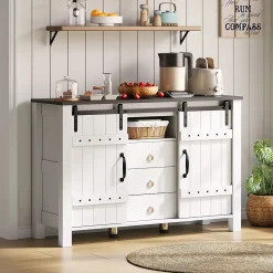 Buffet 120cm blanc rustique, portes coulissantes + 3 tiroirs, bar à café - Cuisine/salon