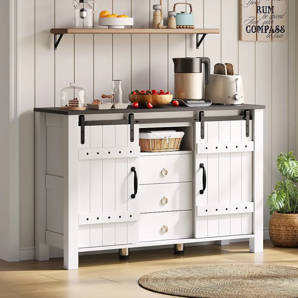 Buffet 120cm blanc rustique, portes coulissantes + 3 tiroirs, bar à café - Cuisine/salon
