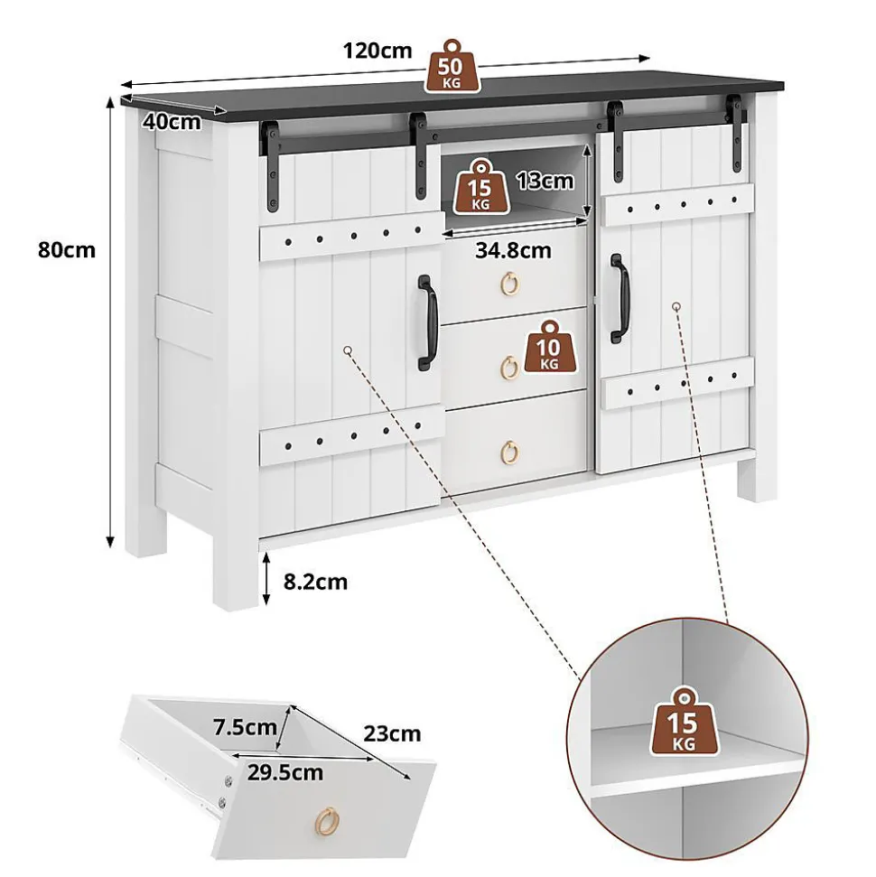 Buffet 120cm blanc rustique, portes coulissantes + 3 tiroirs, bar à café - Cuisine/salon