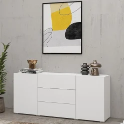 Buffet 140cm collection EVA 2 portes et 3 tiroirs. Couleur blanc et chene.