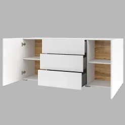 Buffet 140cm collection EVA 2 portes et 3 tiroirs. Couleur blanc et chene.