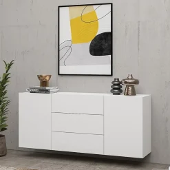 Buffet 140cm collection EVA 2 portes et 3 tiroirs. Couleur blanc et chene.
