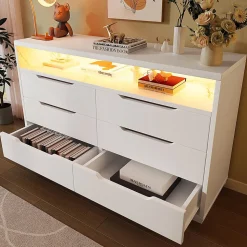 Buffet Commode LED 6 Tiroirs Grain Marbre 120x40x85Cm Blanc Blackcolors