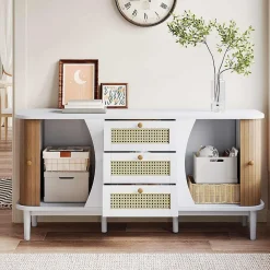Buffet, Commode, Meuble de rangement en rotin avec portes coulissantes, étagères réglables et plateau arrondi, blanc