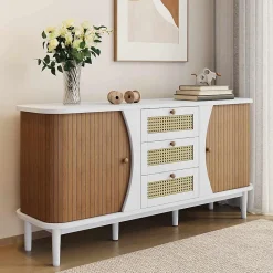 Buffet, Commode, Meuble de rangement en rotin avec portes coulissantes, étagères réglables et plateau arrondi, blanc