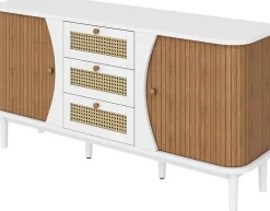 Buffet, Commode, Meuble de rangement en rotin avec portes coulissantes, étagères réglables et plateau arrondi, blanc