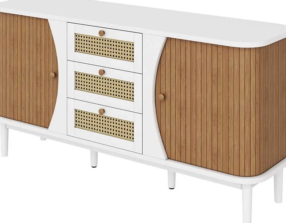 Buffet, Commode, Meuble de rangement en rotin avec portes coulissantes, étagères réglables et plateau arrondi, blanc