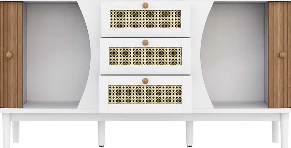Buffet, Commode, Meuble de rangement en rotin avec portes coulissantes, étagères réglables et plateau arrondi, blanc