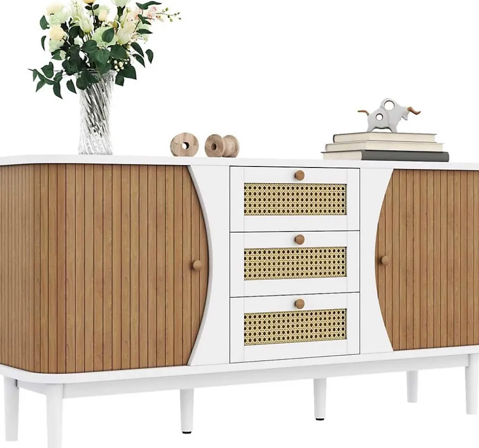 Buffet, Commode, Meuble de rangement en rotin avec portes coulissantes, étagères réglables et plateau arrondi, blanc