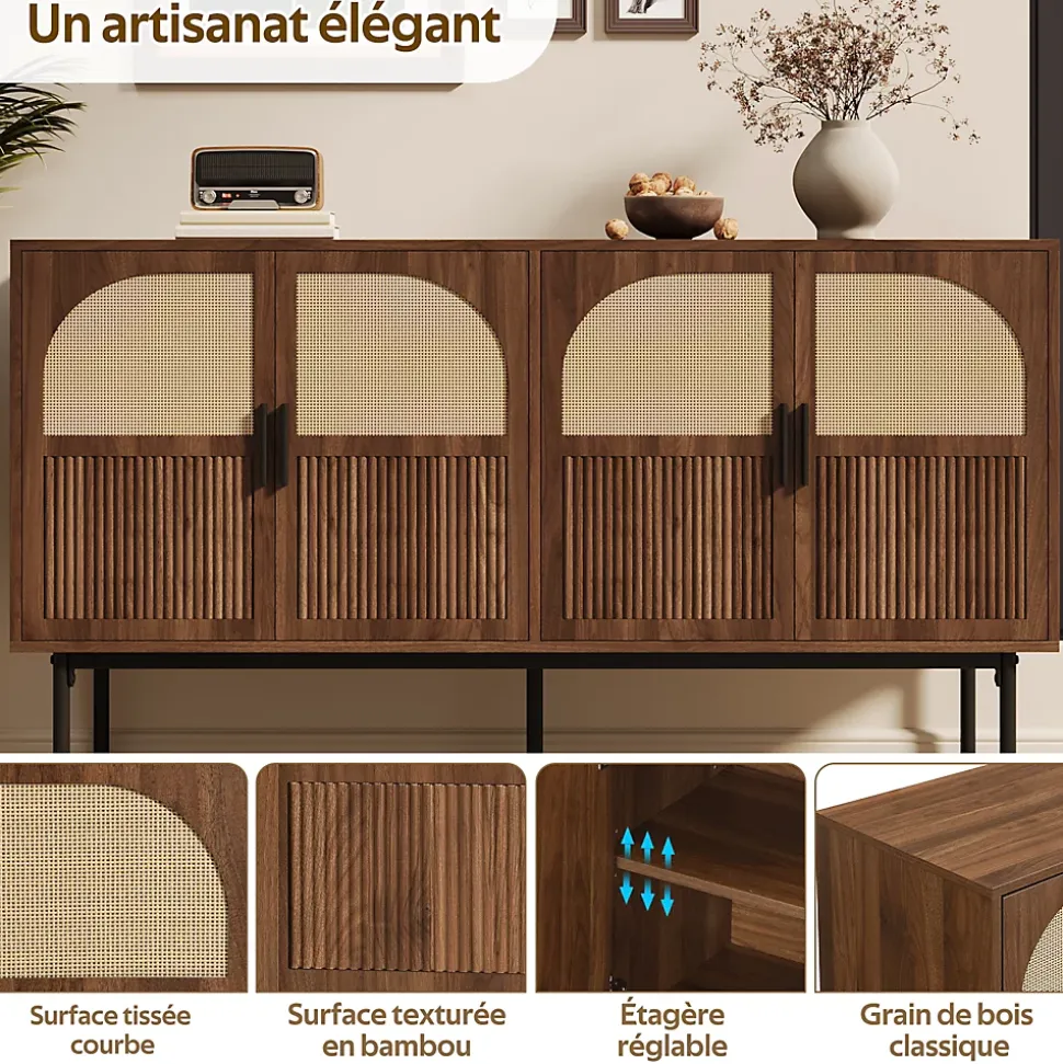 Buffet Commode Meuble d'entrée Moderne avec 4 Portes et Charnières à Fermeture Amortie, MDF, 140x40x80 cm - Bois Naturel