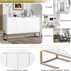 Buffet Contemporain, Meuble De Rangement, 4 Portes Sans Poignées, Meuble De Cuisine, Blanc