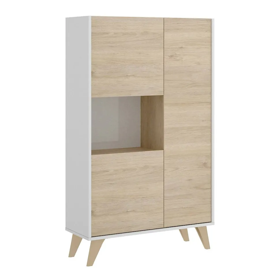 Buffet Crono, Buffet de salon haut, Buffet de salon moderne avec 3 portes, 81x43h135 cm, Chêne et Blanc