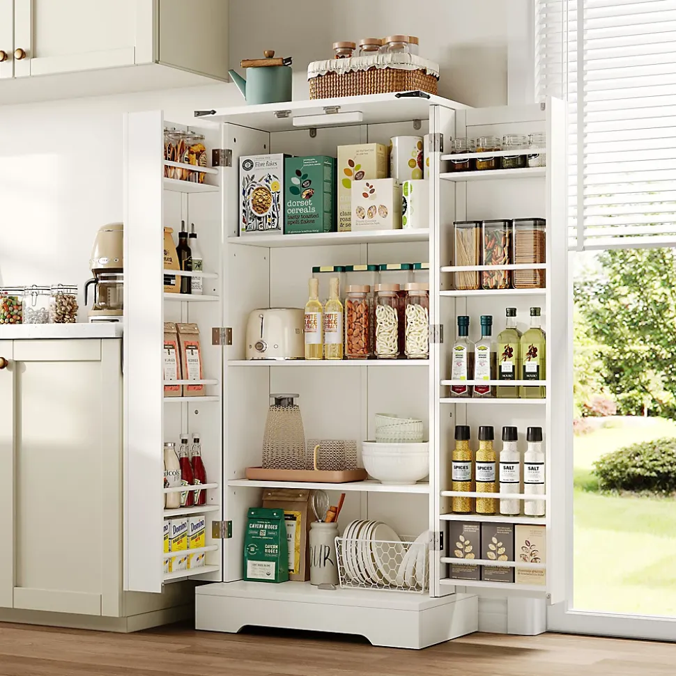 Buffet Cuisine - Buffet de Rangement avec LED, 2 Portes Battantes et Étagères Réglables - 60x35x128,5 cm - PB MDF - Blanc