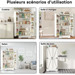 Buffet Cuisine - Buffet de Rangement avec LED, 2 Portes Battantes et Étagères Réglables - 60x35x128,5 cm - PB MDF - Blanc
