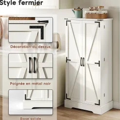 Buffet Cuisine - Buffet de Rangement avec LED, 2 Portes Battantes et Étagères Réglables - 60x35x128,5 cm - PB MDF - Blanc
