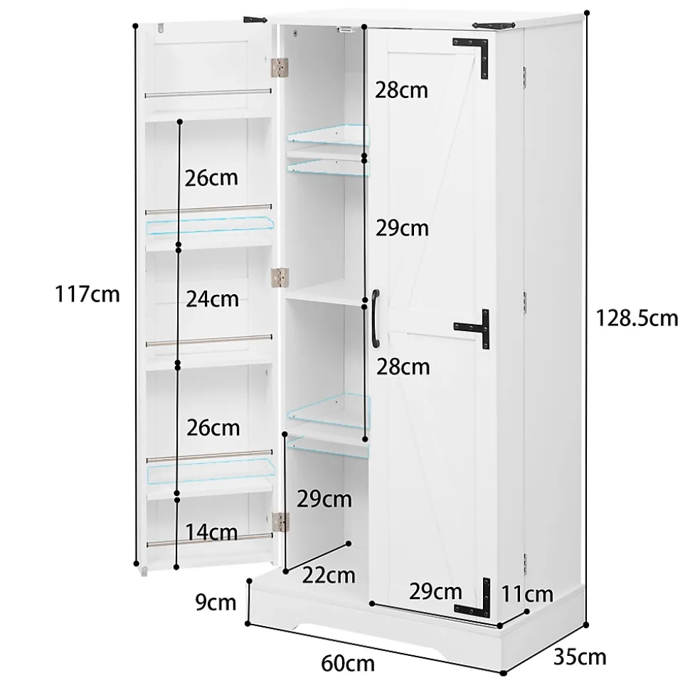 Buffet Cuisine - Buffet de Rangement avec LED, 2 Portes Battantes et Étagères Réglables - 60x35x128,5 cm - PB MDF - Blanc