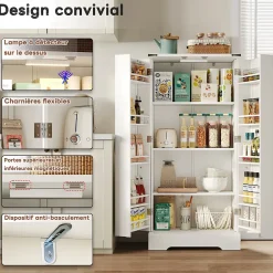Buffet Cuisine - Buffet de Rangement avec LED, 2 Portes Battantes et Étagères Réglables - 60x35x128,5 cm - PB MDF - Blanc