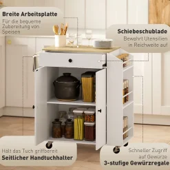 Buffet Cuisine Roulant Blanc - Plan De Travail, Rangement Organisé - Épices Et Serviettes Intégrés