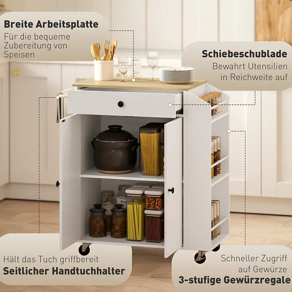 Buffet Cuisine Roulant Blanc - Plan De Travail, Rangement Organisé - Épices Et Serviettes Intégrés