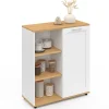 Buffet d'appoint 70 cm VITO 3 étagères et placard blanc et plateau bois