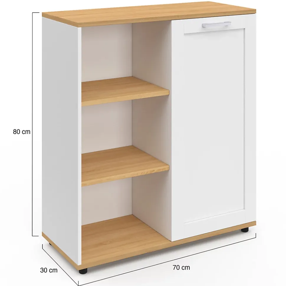 Buffet d'appoint 70 cm VITO 3 étagères et placard blanc et plateau bois
