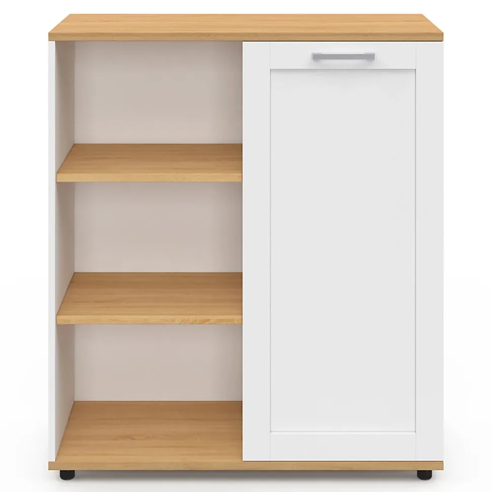 Buffet d'appoint 70 cm VITO 3 étagères et placard blanc et plateau bois