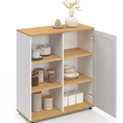 Buffet d'appoint 70 cm VITO 3 étagères et placard blanc et plateau bois