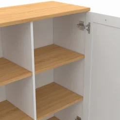 Buffet d'appoint 70 cm VITO 3 étagères et placard blanc et plateau bois