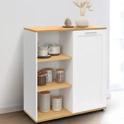 Buffet d'appoint 70 cm VITO 3 étagères et placard blanc et plateau bois