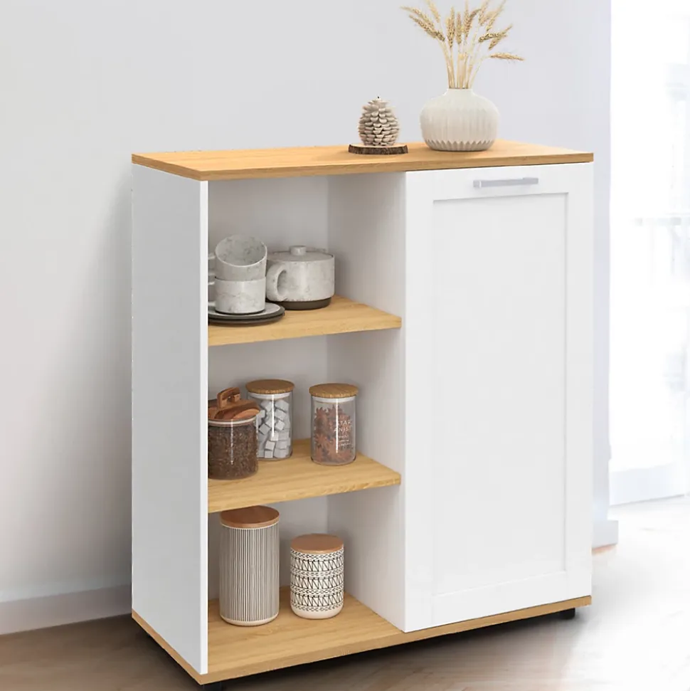 Buffet d'appoint 70 cm VITO 3 étagères et placard blanc et plateau bois