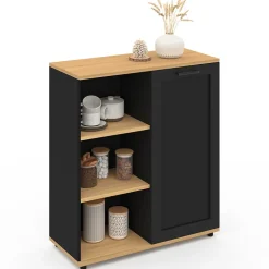 Buffet d'appoint 70 cm VITO 3 étagères et placard noir et plateau bois