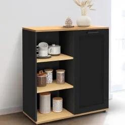 Buffet d'appoint 70 cm VITO 3 étagères et placard noir et plateau bois