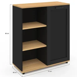 Buffet d'appoint 70 cm VITO 3 étagères et placard noir et plateau bois