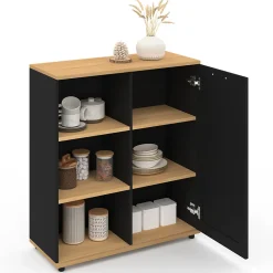 Buffet d'appoint 70 cm VITO 3 étagères et placard noir et plateau bois