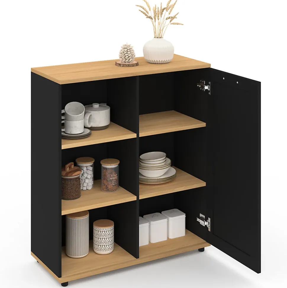 Buffet d'appoint 70 cm VITO 3 étagères et placard noir et plateau bois