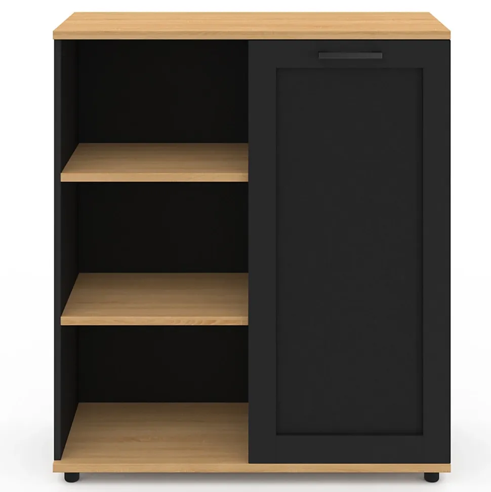 Buffet d'appoint 70 cm VITO 3 étagères et placard noir et plateau bois