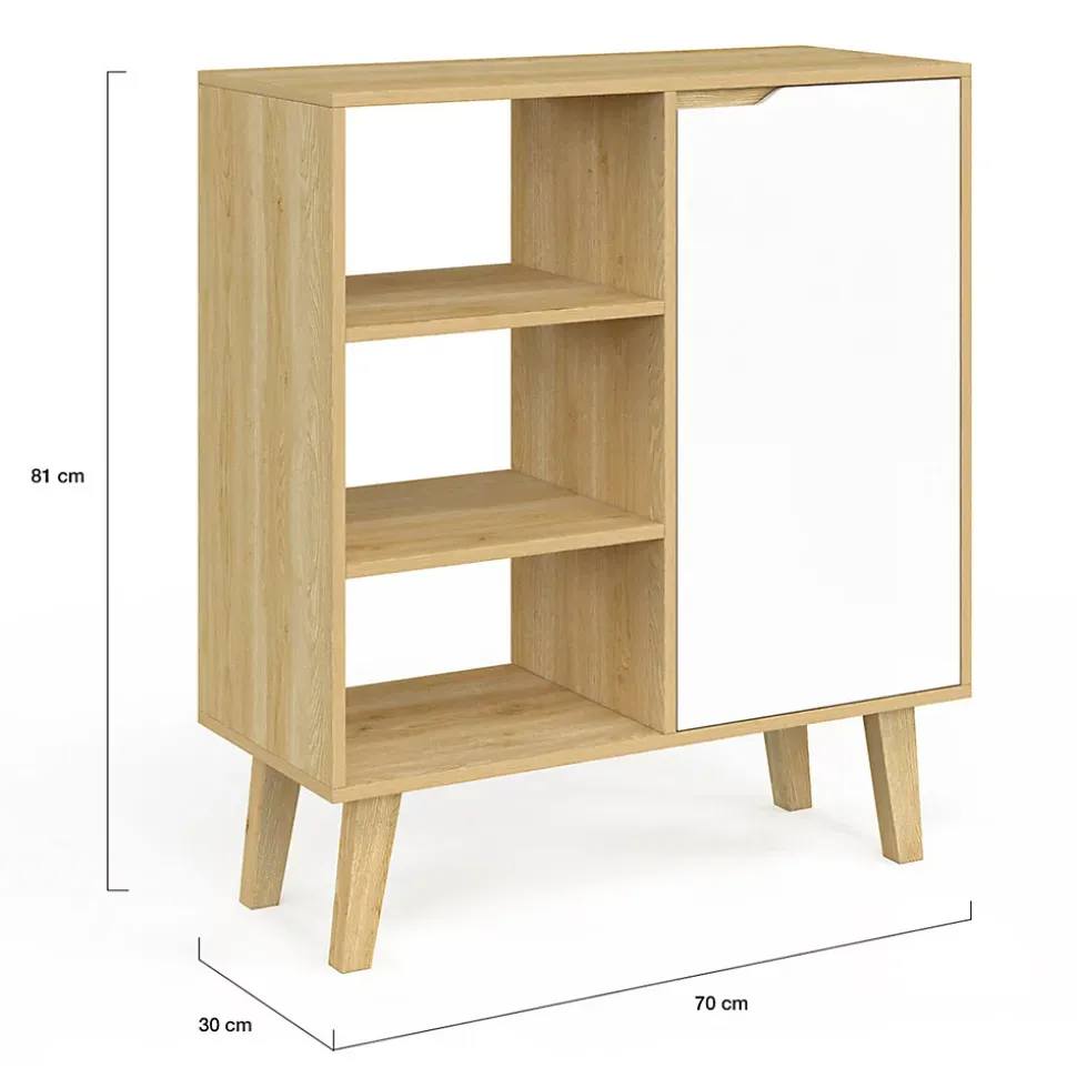 Buffet d'appoint 3 étagères et placard 70 cm FINN blanc et bois façon hêtre