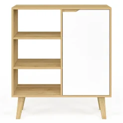 Buffet d'appoint 3 étagères et placard 70 cm FINN blanc et bois façon hêtre