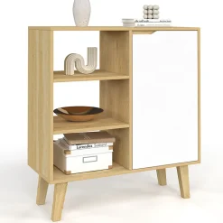 Buffet d'appoint 3 étagères et placard 70 cm FINN blanc et bois façon hêtre