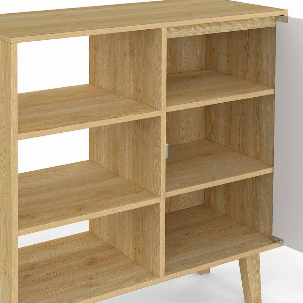 Buffet d'appoint 3 étagères et placard 70 cm FINN blanc et bois façon hêtre