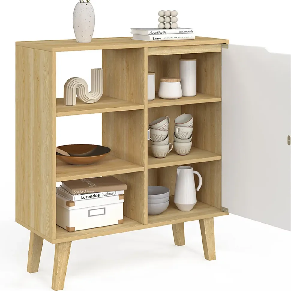 Buffet d'appoint 3 étagères et placard 70 cm FINN blanc et bois façon hêtre