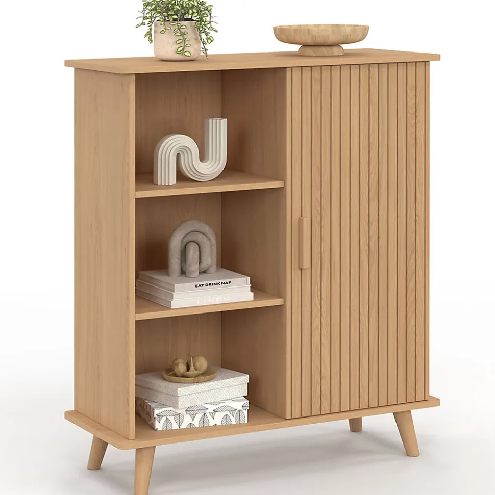 Buffet d'appoint 3 étagères et placard 70 cm JULIETTE effet lattes tasseau bois