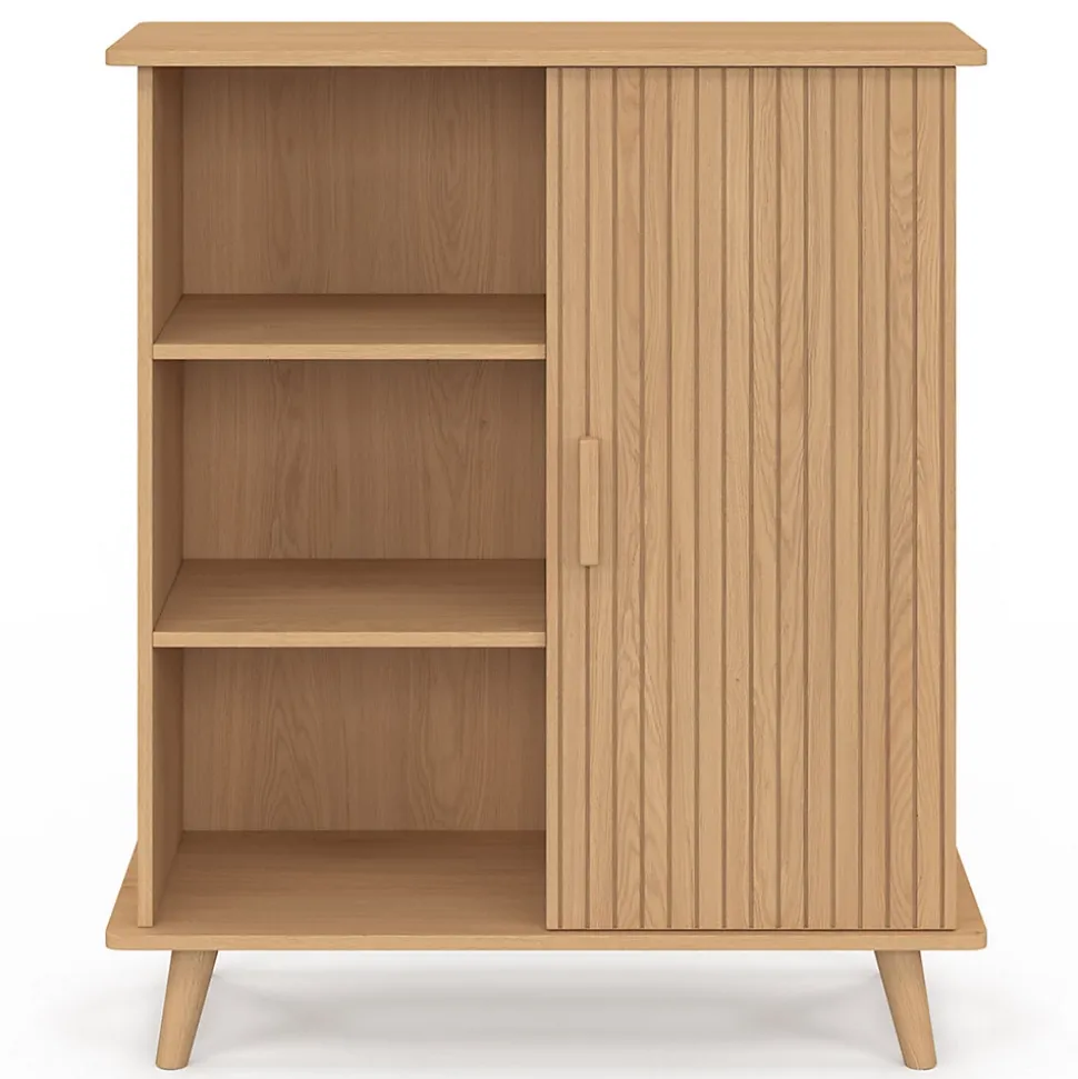 Buffet d'appoint 3 étagères et placard 70 cm JULIETTE effet lattes tasseau bois